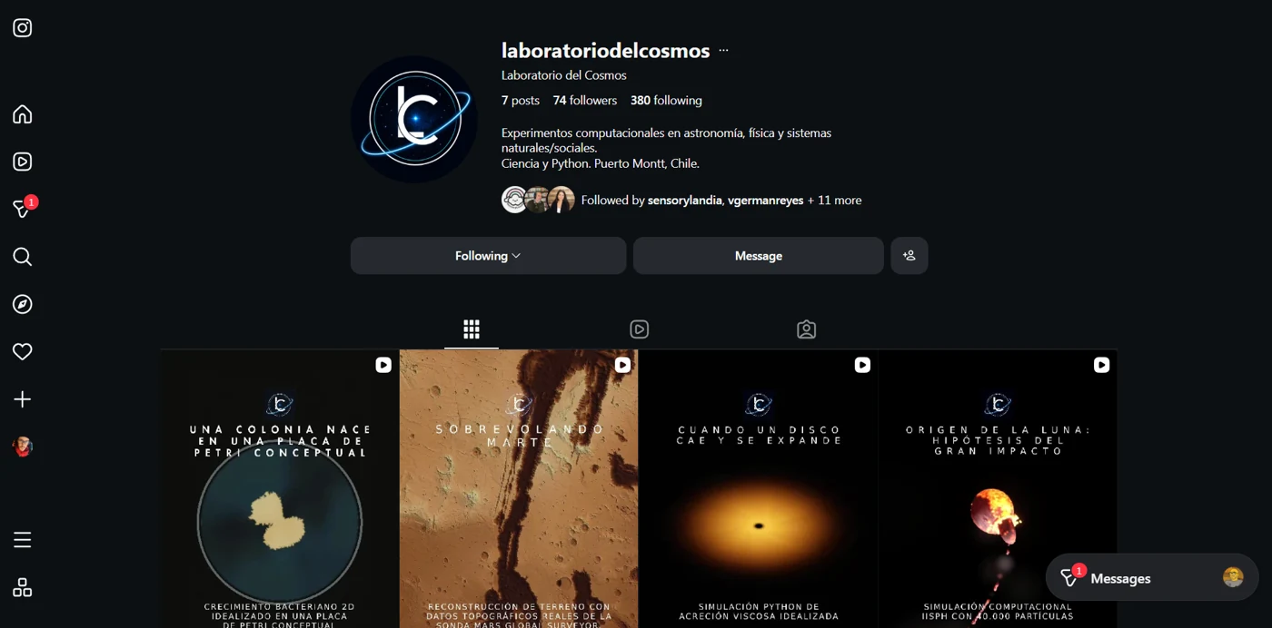 Captura del perfil de Instagram de Laboratorio del Cosmos