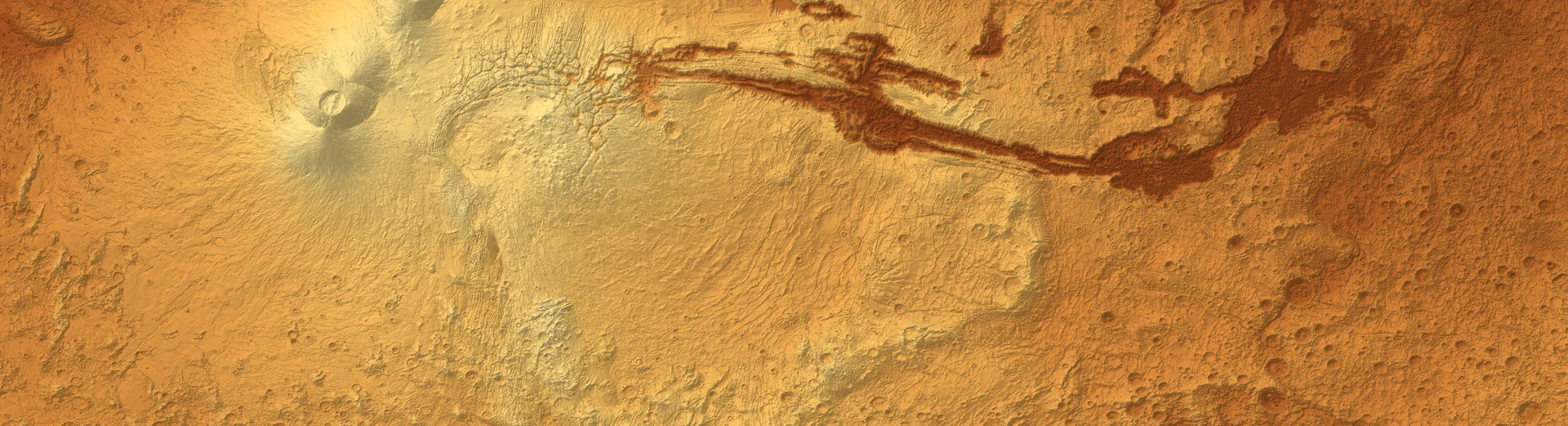 Reconstrucción del relieve de Valles Marineris: un sistema de cañones ramificados atraviesa una superficie de mesetas y cráteres.